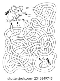 Help the mouse through the maze and find his way to the cheese. Children logic game. Educational game for kids. Attention task. Choose right path. Funny cartoon character. Coloring book