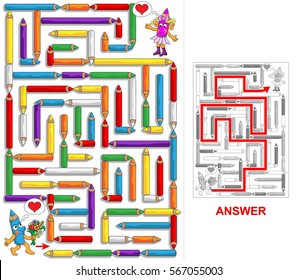 Help Mr Pencil to find a path to Mrs Pencil, so he can give her a bouquet of flowers. Labyrinth for kids. Portrait, hard.