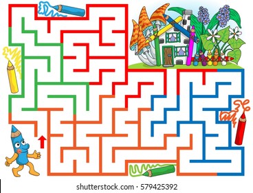 Help Mr. Pencil to find a path to house.
Labyrinth for kids. Landscape, easy.