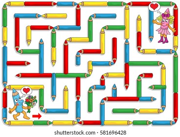 Help Mr Pencil to find a path to Mrs Pencil, so he can give her a bouquet of flowers.
Labyrinth for kids. Landscape, easy.