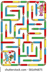 Help Mr Pencil to find a path to Mrs Pencil, so he can give her a bouquet of flowers.
Labyrinth for kids. Portrait, easy.