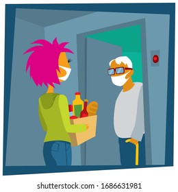 Help To Neighbour. Life In Quarantine. A Young Girl On Self-quarantine. Covid-19. New Reality. Normal Life In Isolation. Vector Flat Style Illustration.