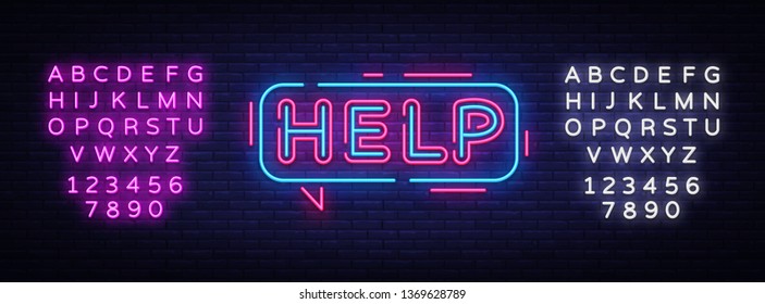 Help neon sign vector. Help Design template neon signboard, light banner, neon signboard, nightly bright advertising, light inscription. Vector illustration. Editing text neon sign