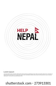 Help Nepal text with flag. Nepal Charity advertisement. Help Nepal. earth quake location highlighted around map.