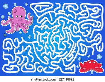 Help octopus to find way to his friend starfish in a maze. Educational game for children. Vector illustration