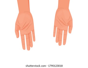 Help offer concept background isolated on white. Outstretched hands in a gesture of offering assistance. Two human palms. View from above. Vector illustration in simple flat cartoon style.