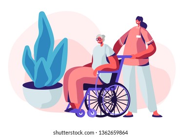 Help Old Disabled People in Nursing Home. Young Nurse Social Worker Care of Sick Senior Driving her on Wheelchair, Skilled Nurse Residential Healthcare, Medical Aid. Cartoon Flat Vector Illustration