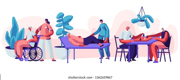 Help Old Disabled People In Nursing Home. Social Worker Community Care Of Sick Seniors On Wheelchair, Skilled Nurse Residential Healthcare, Physical Therapy Service. Cartoon Flat Vector Illustration