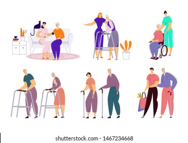Help Old Disabled People In Nursing Home. Social Worker Community Care Of Sick Seniors On Wheelchair, Skilled Nurse Residential Healthcare, Physical Therapy Service. Cartoon Flat Vector Illustration