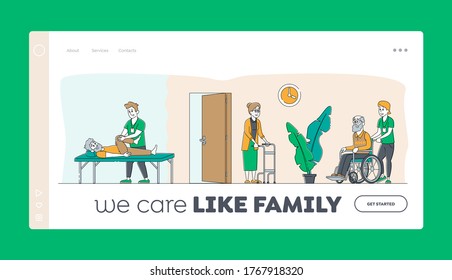 Help Old Disabled People in Nursing Home Landing Page Template. Social Worker Care of Senior Characters on Wheelchair, Skilled Nurse Healthcare, Physical Therapy Service. Linear Vector Illustration