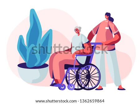 Help Old Disabled People in Nursing Home. Young Nurse Social Worker Care of Sick Senior Driving her on Wheelchair, Skilled Nurse Residential Healthcare, Medical Aid. Cartoon Flat Vector Illustration