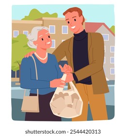 Help for older people from young people in daily routine. Generous man holding bag of grandmother to carry, scene of support to happy retired elderly lady on city street cartoon vector illustration