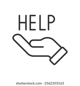 Help on a hand, icon in line design. Help on a hand, assistance, support, care, helping hand, charity, aid on white background vector. Help on a hand editable stroke icon