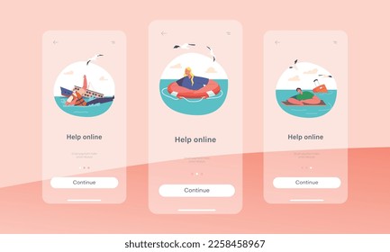 Help Online Mobile App Page Onboard Screen Template. Frightened Tourists Characters Need Help at Sea. Emergency Assistance in Extreme Situations Concept. Cartoon People Vector Illustration