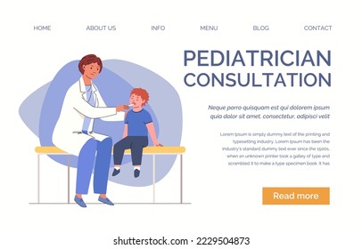 Help otolaryngologies, pediatrician. Doctor examines and diagnoses diseases of ear, throat, nose, colds in children. Vector characters flat cartoon illustration. Landing page template.