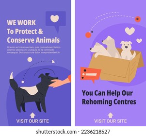 Help our rehoming pet centers, we work to protect and conserve animals. Caring dogs and cats, feeding and keeping healthy. Hand touching puppy, canines in carton box banner. Vector in flat style
