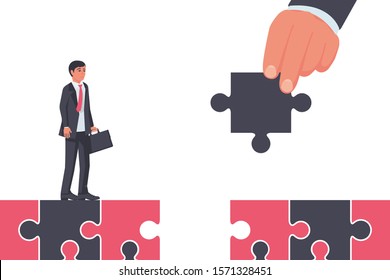 Help to overcome. A businessman is building a bridge to help his partner. Help is on the way. Teamwork concept. Solved the problem of overcoming. Vector illustration flat style design. 