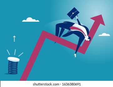 Help overcome. An illustration of a manager who jumps through a rising business chart using benefit spring