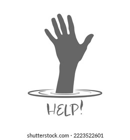 Help. A palm with a raised hand out of the water. The concept of support in a difficult life situation. Flat style
