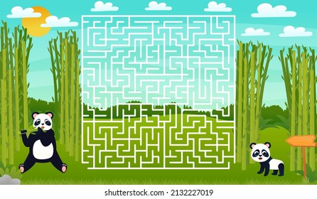 Help panda bear find path to bamboo, printable worksheet for kids with labyrinth or maze game for children books in cartoon style
