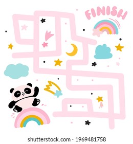 Ayude al panda a encontrar el camino al castillo. Niños de mazmorras. Hoja de cálculo imprimible. Juego de dibujos animados de personajes.