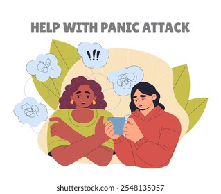 Help with panic attack. Support from friends. Mental and psychological problems. Negative feelings and emotions. Stress and depression. Flat vector illustration isolated on white background