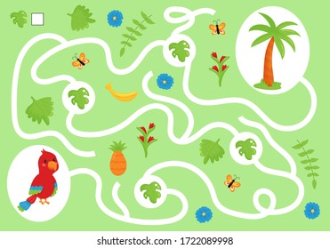 Help the parrot collect all leaves. Educational maze game for preschool children. Learn count and write. Cute kawaii character. Jungle animals.