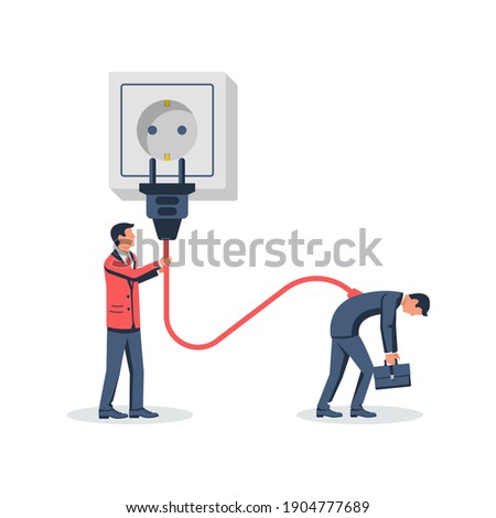 Help partner. A colleague helps a tired businessman. No energy and no charge. Overworked human. Vector illustration flat design. Isolated on background. Fatigue from the job.
