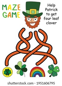 Help Patrick to get four leaf clover - maze game for kids stock vector illustration. Funny educational puzzle for children with four tangled ways. Cartoon hand drawn activity page vertical worksheet