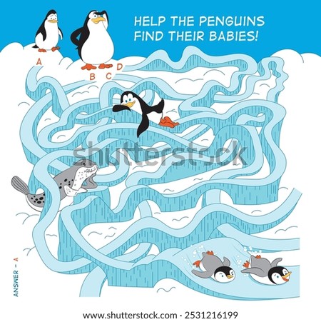 Help the penguins find their babies. Which icy path should you take? Vector labyrinth for kids. Funny cartoon characters.