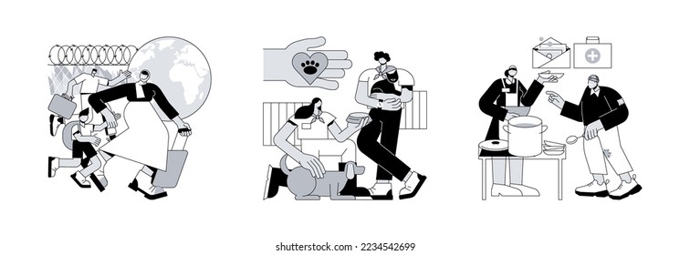 Help people abstract concept vector illustration set. Refugees, volunteering and social services, asylum seeker, immigration, welfare and child support, community organization abstract metaphor.