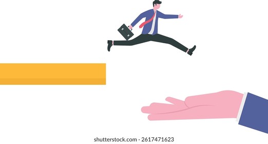 Help from people during a business crisis. businessman jumping over thorns.

