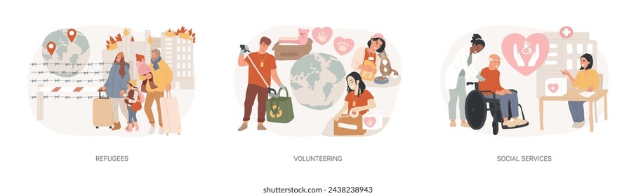 Help people isolated concept vector illustration set. Refugees, volunteering and social services, asylum seeker, immigration, welfare and child support, community organization vector concept.