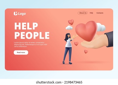 Help People Landing Page Template. Happy Volunteers giving heart. Donation Community, Social Charity or Volunteering Service with Hand Up and love, like. 3D render Vector Illustration. UI UX interface