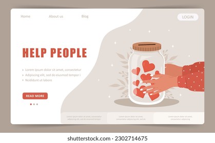 Help people. Landing page template. Female hands holding glass jar with red hearts. Give and share your love. Support and hope for homeless and poor people. Vector illustration in cartoon style.