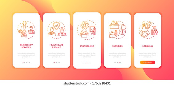 Help for people in need onboarding mobile app page screen with concepts. Community assistance walkthrough 5 steps graphic instructions. UI vector template with RGB color illustrations