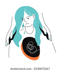 Ayuda a una persona con depresión: ilustración de estilo de diseño plano colorido con Elementos lineales. Cuadro naranja y azul claro con chica oprimida y entristecida. Llora, necesita Asistencia, problemas mentales