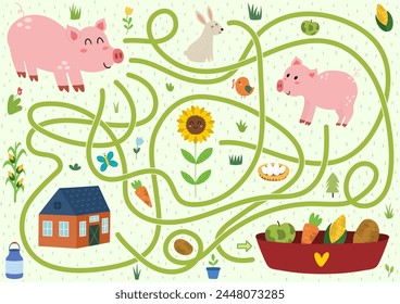 Help the pig to find a way to the feeding trough with vegetables. Farm maze activity for kids. Mini game for school and preschool. Vector illustration
