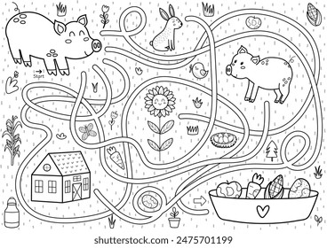 Help the pig to find a way to the feeding trough with vegetables. Farm maze black and white activity page for kids. Mini game for school and preschool. Vector illustration