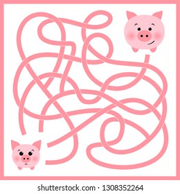 Help piggy find path to mother pig. Labyrinth. Maze game for kids. Vector illustration. Pig, piggy, piglet, piggie, pigling, swine, farrow, piggy-wiggy. Symbol of new year 2019. Child and mum.