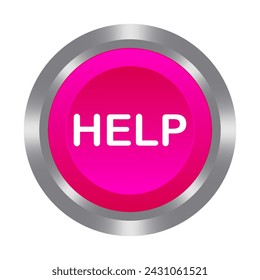 Help pink button with metal base. Push, press, control, manipulation, key knob. Distress call, SOS, save, caution, warning emergency situation, accident, doctor, first aid, danger. Vector illustration