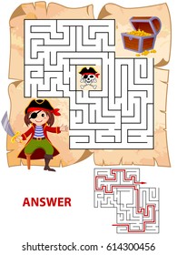 Help Pirate Find Path To Treasure Chest. Labyrinth. Maze Game For Kids