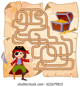 Help pirate find path to treasure chest . Labyrinth. Maze game for kids