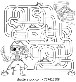 Help pirate find path to treasure chest. Labyrinth. Maze game for kids. Black and white vector illustration for coloring book