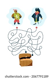 Help the pirate get to the treasure chest. Cute hand drawn maze game. Labyrinth. Funny game for children education. Vector illustration
