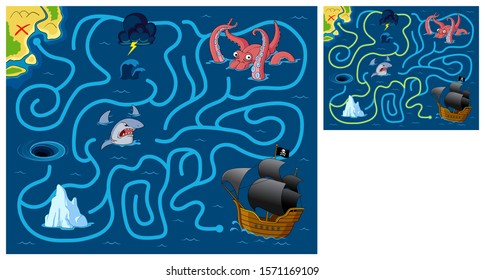 Help the pirate ship find the way to the island.  Maze game. Cartoon vector illustration. Education game for children.