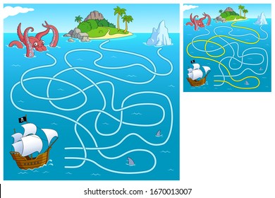 Help the pirate ship find the way to the island.  Maze game. Cartoon vector illustration. Education game for children.