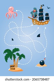 Ayude al barco pirata a encontrar el camino a la isla. Un juego de laberinto de piratas de dibujos animados. Laberinto. Juego divertido para la educación de los niños. Ilustración del vector
