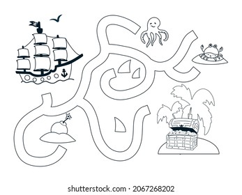Help the pirate ship find the way to the island. Cute cartoon pirate maze game. Labyrinth. Funny game for children education. Vector illustration
