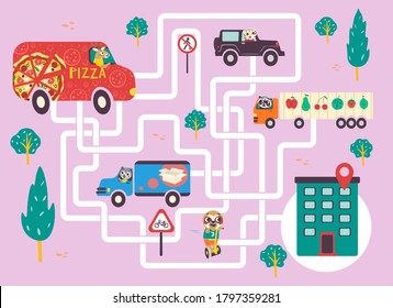 Help the pizza delivery car find the right path to the client. Color maze or labyrinth game for preschool children. Puzzle. Tangled road. Transport for kids